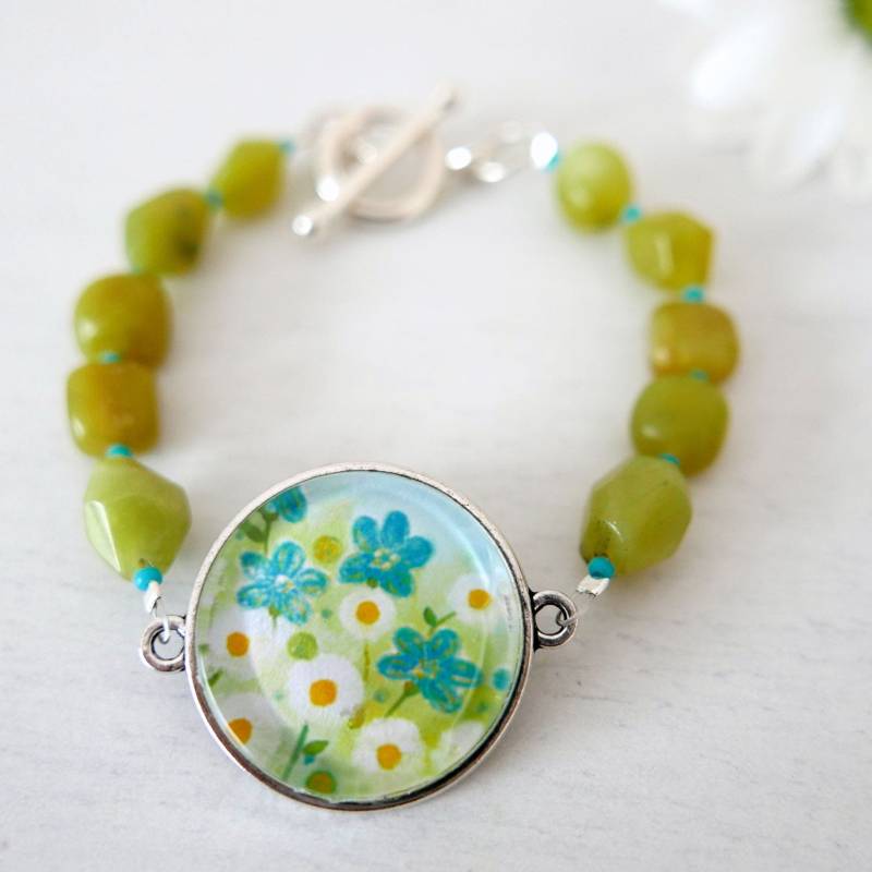 Lindgrün Armband, Türkis Blumen Armband Mit Blumenkunst Druck, Jade Gänseblümchen Grüner Blumenschmuck Lindgrün Armband, Türkis Blumen Armband Mit Blumenkunst Druck, Jade Gänseblümchen Grüner Blumenschmuck von TeodoraPainting