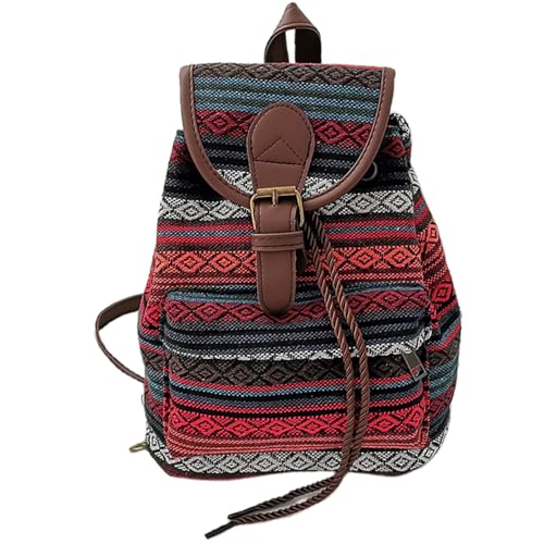 Bohemian Classic Backpack Handbags Small Leather and Oxford Fabric Leisure Backpack with Drawstring and Flap(Rot) von Teogneot