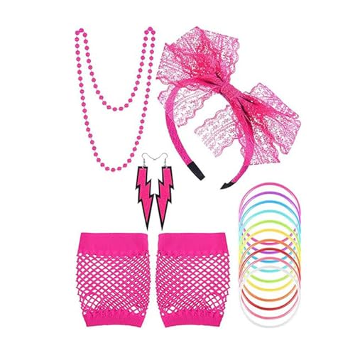 Teogneot 80er Jahre Party Accessoires Set, Pink, mit Spitzen-Haarreif, Perlenkette, Blitz-Ohrringe, Netzhandschuhe, Regenbogen-Armreifen von Teogneot