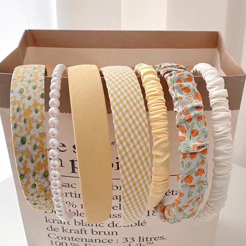 Teouuas 7 Stück Haarreifen Mädchen, Haarreifen Set Damen, Verschiedene Modelle, Perlen Stirnbänder, Stirnbänd Kunststoff Haarreif Stirnbänder, für Mädchen Damen Haarschmuck (Gelb) von Teouuas