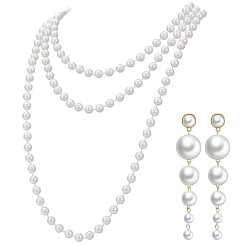 Teouuas Perlenkette Damen, Perlen Kette, mit Goldene Perlenohrringe, Kette Perlenkette Lang, Elegante Perlen Schmuck, Modische Modeschmuck Halskette, für Damenmode & Abendgarderobe Modische von Teouuas