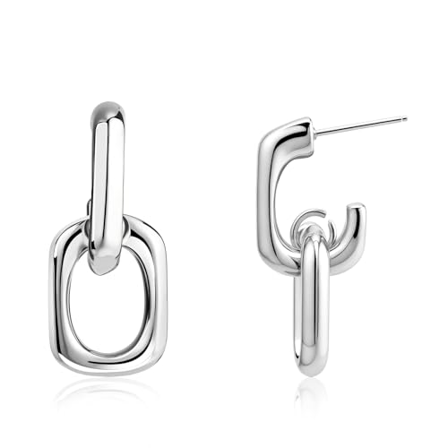 Kettenglied-Ohrringe - Moderne Doppelcreolen für Frauen mit offenem geometrischem Design, leichte baumelnde Creolen, ovale Tropfen-Ohrstecker zum Schichten, Sterling Silber, Kein Edelstein Kettenglied-Ohrringe - Moderne Doppelcreolen für Frauen mit offenem geometrischem Design, leichte baumelnde Creolen, ovale Tropfen-Ohrstecker zum Schichten, Sterling Silber, Kein Edelstein von Teppdfann