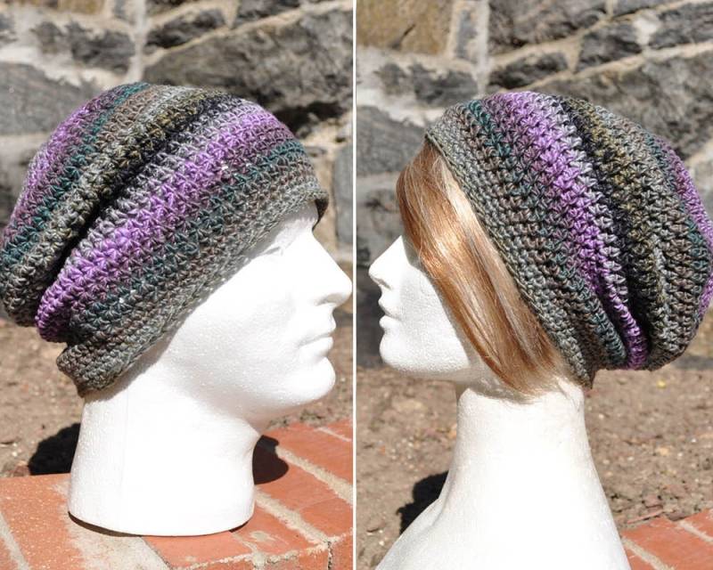 Gehäkelter Slouchy Beanie Hut - Gehäkelte Mütze in Grau Und Lavendel Bunt Unisex Herrenhut Damenmütze von TepperWear