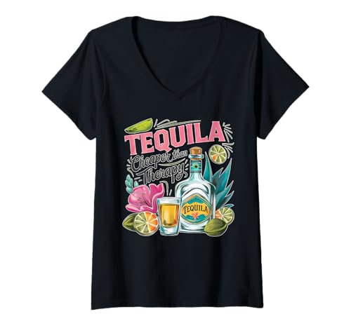 Damen Tequila Cheaper Therapy Lustiges Trinken T-Shirt mit V-Ausschnitt Damen Tequila Cheaper Therapy Lustiges Trinken T-Shirt mit V-Ausschnitt von Tequila Therapy Lovers Apparel Co.