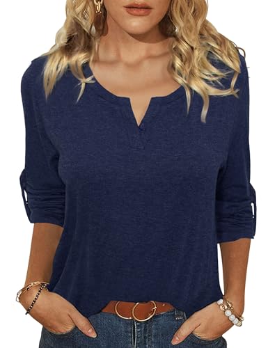 Terecey 3/4 Arm Shirt Damen Elegant V Ausschnitt Oberteile Casual Tunika Henley Langarmshirt Einfarbig Lose Bluse Vintage Einfarbig T Shirt Casual Locker Tops mit Knopfleiste Marine S von Terecey