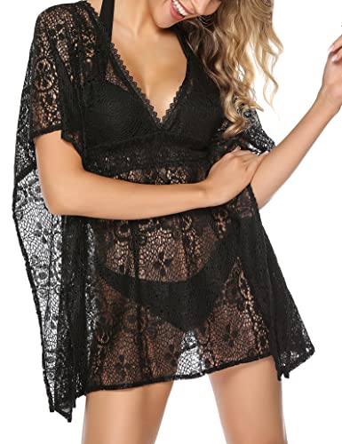 Terecey Bikini Cover Up Damen Spitze Strandkleid Sommer Strandponcho V Ausschnitt Kurz Pareos Beachkleid von Terecey