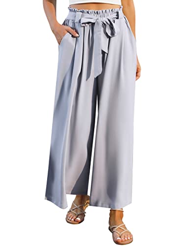 Terecey Weite Hose Damen Weites Bein Pants Palazzo Hose Damen Elegant Weit Hosen High Waist Freizeithose Lässig Leichte Hose mit Bindegürtel Grau M von Terecey