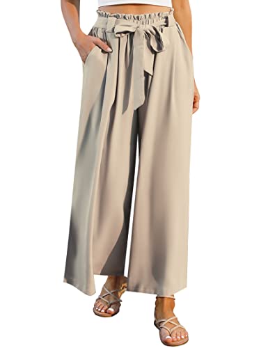 Terecey Weite Hose Damen Weites Bein Pants Palazzo Hose Damen Elegant Weit Hosen High Waist Freizeithose Lässig Leichte Hose mit Kordelzug Helles Khaki L von Terecey