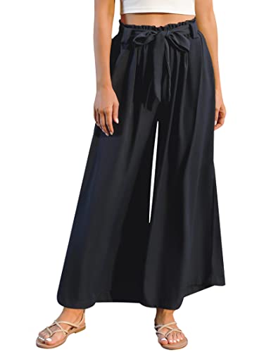 Terecey Weite Hose Damen Weites Bein Pants Palazzo Hose Damen Elegant Weit Hosen High Waist Freizeithose Lässig Leichte Hose mit Kordelzug Navy Blau M von Terecey