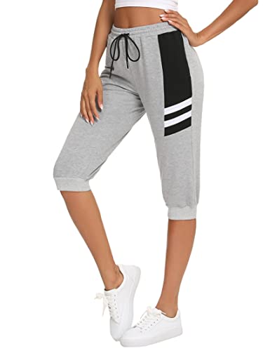 Terecey Jogginghose Damen Baumwolle Sporthose 3/4 Trainingshose Damen Caprihose Sommer Laufhose mit Taschen Freizeithose Sweathose für Jogger Frauen, Grau S von Terecey