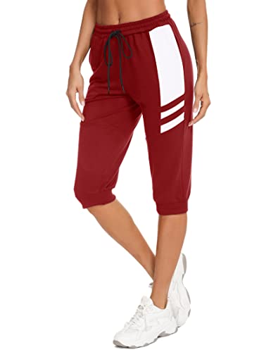 Terecey Jogginghose Damen 3/4 Baumwolle Sommer Kurze Sport Hosen Trainingshose Knielange mit Taschen Caprihose Dreiviertel Freizeithose Sweathose für Jogger Frauen, Rot S von Terecey