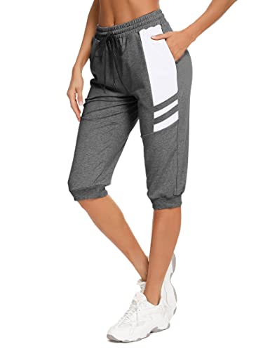 Terecey Jogginghose Damen Baumwolle Sporthose 3/4 Trainingshose Damen Caprihose Sommer Laufhose mit Taschen Freizeithose Sweathose für Jogger Frauen, Dunkelgrau S von Terecey