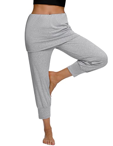 Terecey Yogahose Damen mit Rock 3/4 Caprihose Elegant Freizeithose Baumwolle Jogginghose Hohe Taille Pumphose Haremhose für Yoga Pilates Tanzen Joggen Grau XL von Terecey