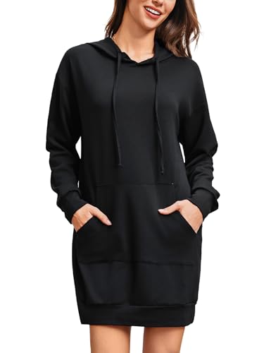 Terecey Damen Hoodie Langarm Sweatshirts mit Kapuzenpullover Lang Baumwolle Sweatkleider mit Kapuze Frauen Casual Minikleid von Terecey