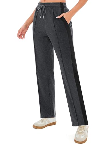 Terecey Damen Jogginghose Baumwolle Freizeithose, Sporthose Lang Trainingshose mit Taschen Yogahose Weites Bein Geradem Bein Hose fur Running Fitness Läuft Gym S-XXL von Terecey