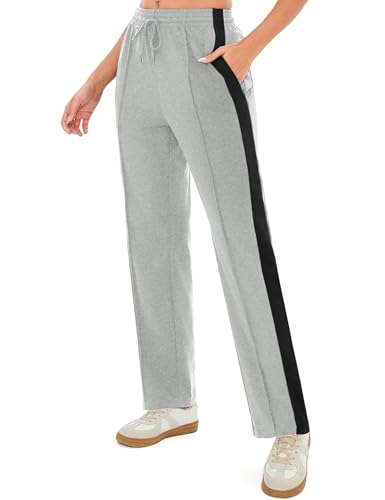 Terecey Damen Jogginghose Baumwolle Freizeithose, Sporthose Lang Trainingshose mit Taschen Yogahose Weites Bein Geradem Bein Hose fur Running Fitness Läuft Gym S-XXL von Terecey