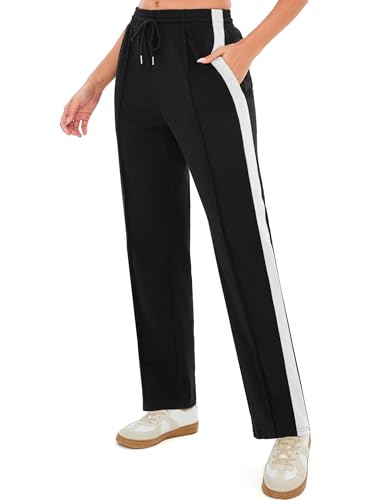 Terecey Damen Jogginghose Baumwolle Freizeithose, Sporthose Lang Trainingshose mit Taschen Yogahose Weites Bein Geradem Bein Hose fur Running Fitness Läuft Gym S-XXL von Terecey