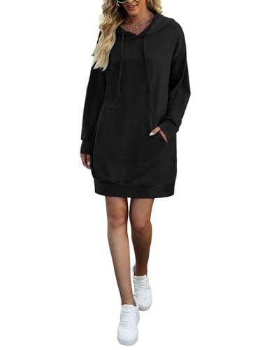 Terecey Kapuzenpullover Damen Lang Hoodie Kleid Oversize Sweatkleid Damen Langarm mit Kapuze Winter Lange Sweatshirt Kapuzenpulli Große Größen mit Kängurutasche von Terecey