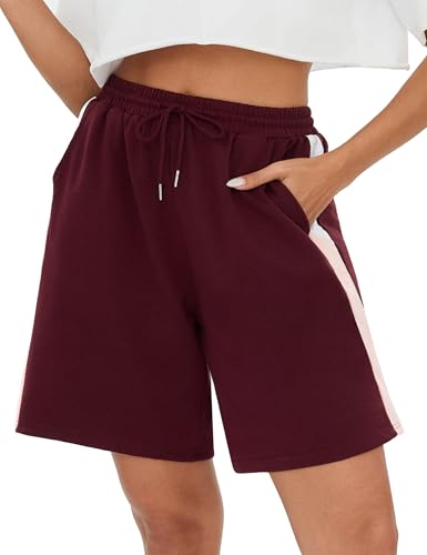 Terecey Damen Kurze Hose Laufshorts Sweatshorts - Sommer Casual Training Fitness Jogger Sport Shorts mit Taschen und Elastischer Bund - Bequeme Freizeitshorts Schlafshorts fur Lounge, Weinrot XXL von Terecey