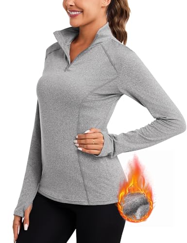 Terecey Damen Langarm Funktionsshirt Atmungsaktiv Wandershirt mit 1/4 Zip und Daumenloch Schnelltrocknend Stretch Langarmshirt Longsleeve Running Top Sportoberteil fur Fitness Gym Sport, Grau S von Terecey