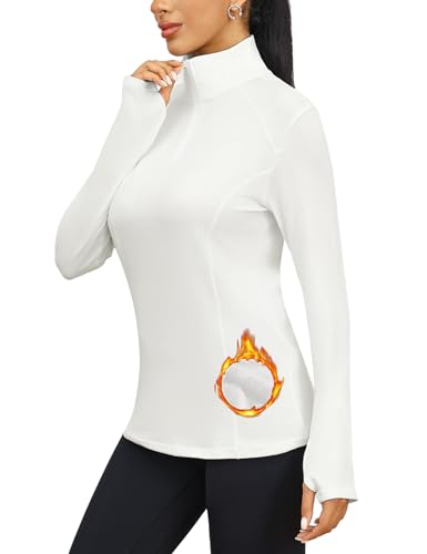 Terecey Damen Langarm Funktionsshirt Atmungsaktiv Wandershirt mit 1/4 Zip und Daumenloch Schnelltrocknend Stretch Langarmshirt Longsleeve Running Top Sportoberteil fur Fitness Gym Sport, Weiß 3XL von Terecey