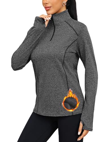 Terecey Damen Langarm Funktionsshirt Atmungsaktiv Wandershirt mit 1/4 Zip und Daumenloch Schnelltrocknend Stretch Langarmshirt Longsleeve Top Sportoberteil fur Fitness Gym Sport, Schiefer Grau 3XL von Terecey
