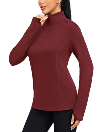 Terecey Damen Langarm Funktionsshirt Atmungsaktiv Wandershirt mit 1/4 Zip und Daumenloch Schnelltrocknend Stretch Langarmshirt Running Top Sportoberteil fur Fitness Gym Sport, Weinrot XL von Terecey