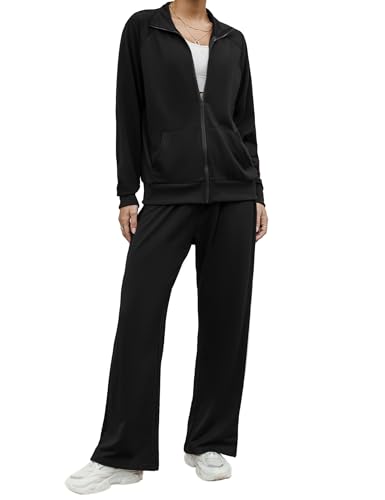 Terecey Damen Langarm Jogginganzug Streatwear Trainingsanzüge- Einfarbig Zweiteiler Hausanzug Set Tracksuit - Freizeit Sweatshirt mit Reißverschluss und Taschen Jogginghose mit Tunnelzug, Schwarz M von Terecey