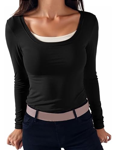 Terecey Damen Langarmshirt Square Neck Thermo Unterhemd Oberteil Slim Fit Baumwolle Stretch T-Shirt Atmungsaktiv Weich Basic Layer Top Elegant Longsleeve Thermoshirt, Schwarz XL von Terecey