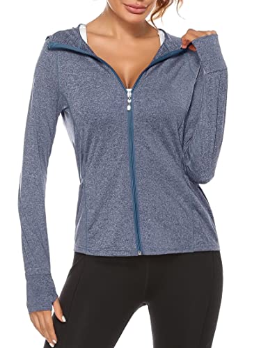 Terecey Sportjacke Damen Langarm Laufjacke Trainingsjacke Damen Reißverschluss Sport Jacke Damen Fitness Leichte Sweatjacke mit Kapuze Blau XXL von Terecey