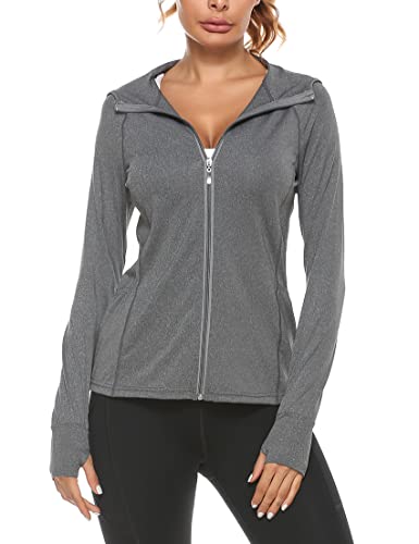 Terecey Sportjacke Damen Langarm Laufjacke Trainingsjacke Damen Reißverschluss Sport Jacke Damen Fitness Leichte Sweatjacke mit Kapuze Mittelgrau XL von Terecey