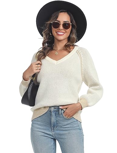 Terecey Pullover Damen Winter Elegant Strickpullover Damen Oversize mit Puffärmeln V Ausschnitt Casual Pulli Strick Langarm Sweater Women Klassischer Mode Khaki M von Terecey