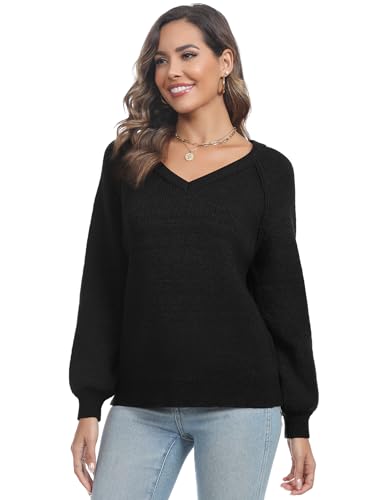 Terecey Pullover Damen Winter Elegant Strickpullover Damen Oversize mit Puffärmeln V Ausschnitt Casual Pulli Strick Langarm Sweater Women Klassischer Mode Schwarz L von Terecey