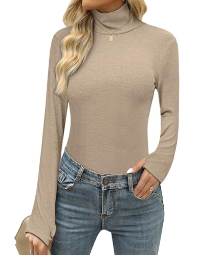 Terecey Damen Rollkragen Langarmshirt Baumwolle Thermounterwäsche Stretch Rollkragenshirt Basic Slim Fit Tops Frühling Hoher Kragen Oberteile mit Daumenloch, Aprikose XL von Terecey