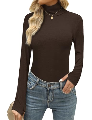 Terecey Damen Rollkragen Langarmshirt Baumwolle Thermounterwäsche Stretch Rollkragenshirt Basic Slim Fit Tops Frühling Hoher Kragen Oberteile mit Daumenloch, Braun L von Terecey