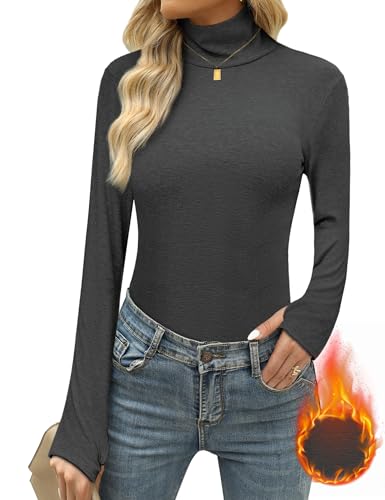 Terecey Damen Rollkragen Langarmshirt Baumwolle Thermounterwäsche Stretch Rollkragenshirt Basic Slim Fit Tops Frühling Hoher Kragen Oberteile mit Daumenloch, Dunkelgrau XXL von Terecey