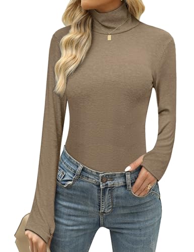 Terecey Damen Rollkragenshirt Warm Baumwolle Langarmshirt mit Daumenloch - Thermo Elegant Rollkragenpullover Einfarbiges Langarm Unterziehrolli fur Herbst und Winter, Khaki L von Terecey