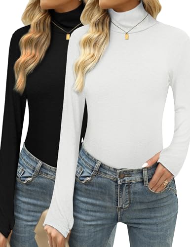 Terecey Damen Rollkragenshirt Warm Baumwolle Langarmshirt mit Daumenloch - Thermo Elegant Rollkragenpullover Einfarbiges Langarm Unterziehrolli fur Herbst und Winter, Schwarz+Weiß L von Terecey