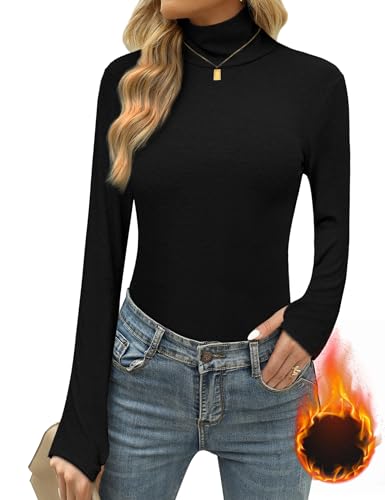 Terecey Damen Rollkragenshirt Warm Baumwolle Langarmshirt mit Daumenloch - Thermo Elegant Rollkragenpullover Einfarbiges Langarm Unterziehrolli fur Herbst und Winter, Schwarz M von Terecey