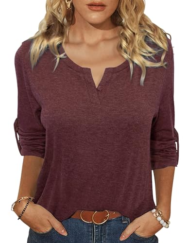 Terecey Damen Shirt 3/4 Arm Elegant T-Shirt Casual V-Ausschnitt Einfarbig Pullover Langarm Oberteil Damen Henleyshirt Tuniken Basic Tops mit Button Lässig Baumwolle Langarmshirt Weinrot S von Terecey