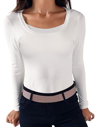 Terecey Damen Thermo Langarmshirt Eckigem Ausschnitt Slim Fit Thermounterwäsche Warm Baumwolle Elegant Oberteil Square Neck Casual Thermoshirt Weiches Licht Basic Layer Top, Weiß M von Terecey