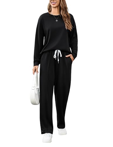 Terecey Damen Trainingsanzug Casual Langarm Sweatshirt und Lange Hose Jogginganzug 2 Stücke Set Sportswear Lounge Freizeitanzug Mode Farbblock Tracksuit Herbst Winter Yoga Outfit Schwarz XL von Terecey