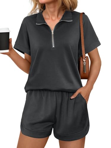 Terecey Damen Trainingsanzug Jogginganzug Kurzarm V-Ausschnitt mit Halbrei ßverschluss, Tracksuit Sportanzug Zweiteiler Freizeitanzug Hausanzug Sommer Sporthose mit Taschen S-XL von Terecey