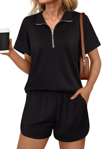 Terecey Damen Trainingsanzug Jogginganzug Kurzarm V-Ausschnitt mit Halbrei ßverschluss, Tracksuit Sportanzug Zweiteiler Freizeitanzug Hausanzug Sommer Sporthose mit Taschen S-XL von Terecey