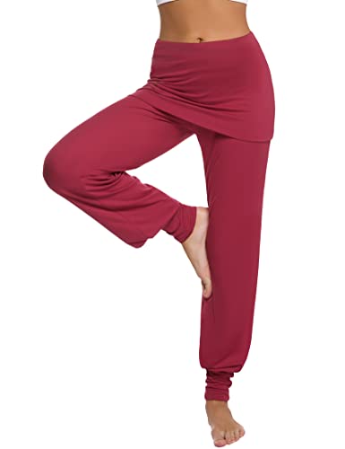 Terecey Yogahose Damen Lang mit Rock Freizeithose Baumwolle Jogginghose Hohe Taille Pumphose Haremhose für Yoga Pilates Tanzen Joggen Weinrot L von Terecey