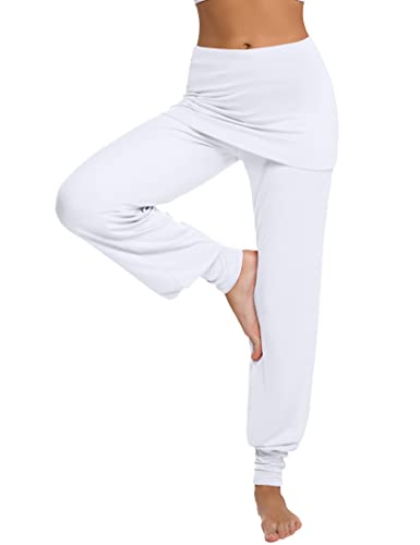 Terecey Yogahose Damen Lang mit Rock Freizeithose Baumwolle Jogginghose Hohe Taille Pumphose Haremhose für Yoga Pilates Tanzen Joggen Weiß M von Terecey