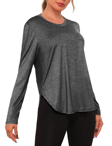 Terecey Funktionsshirt Damen Atmungsaktiv - Fitness Yoga Running T-Shirts - Longsleeve Training Gym Sportshirt - Rundhals Langarmshirt Wandershirt - Leichtes Schnelltrocknend, Schattengrau L von Terecey