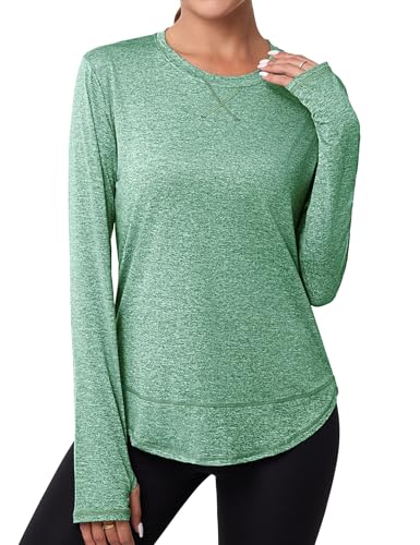 Terecey Funktionsshirt Damen Locker Langarmshirt Atmungsaktive Sportshirt Wandershirt Longsleeve Freizeitshirt Sport Oberteile fur Gym Workout Running, Grün XXL von Terecey