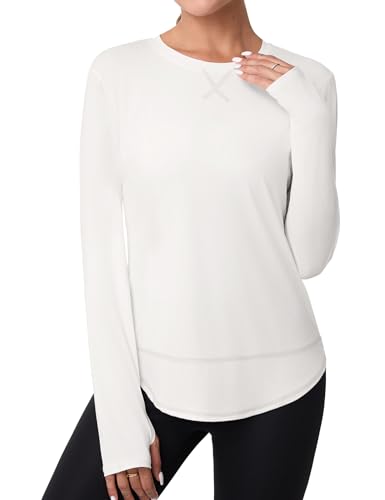 Terecey Funktionsshirt Damen Locker Langarmshirt Atmungsaktive Sportshirt Wandershirt Longsleeve Freizeitshirt Sport Oberteile fur Gym Workout Running, Weiß L von Terecey