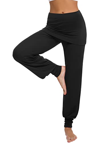 Terecey Yogahose Damen Lang mit Rock Yoga Hose Damen Baumwolle Lockere Hosen Bequeme Freizeithose Weite Jogginghose für Yoga Pilates Tanzen Joggen Schwarz XL von Terecey